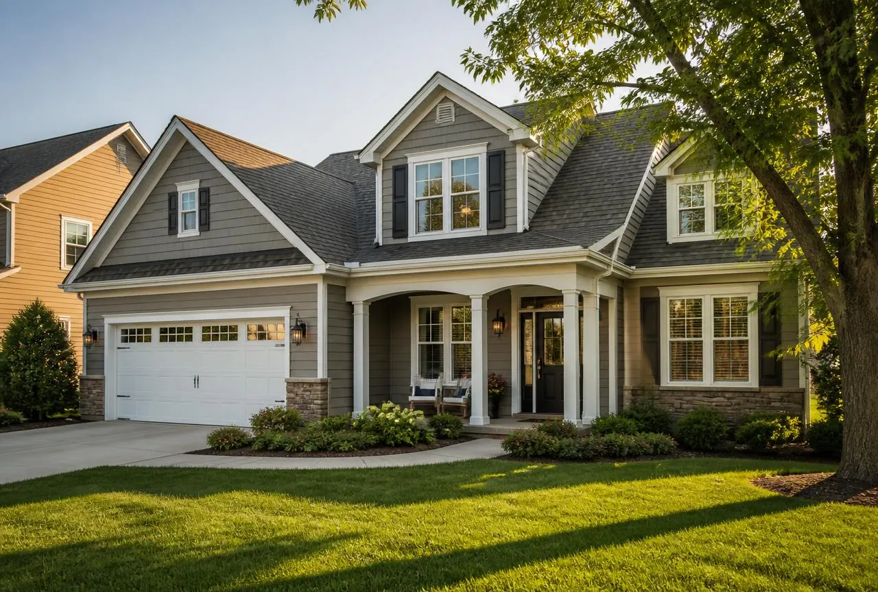 Suburban single-family home exterior in late afternoon light