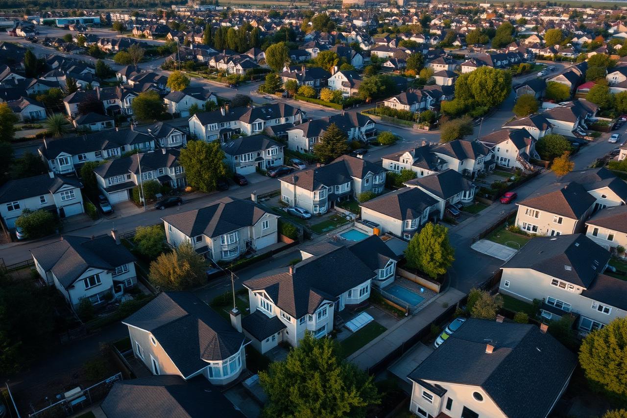 Aerial view of a suburban residential neighborhood