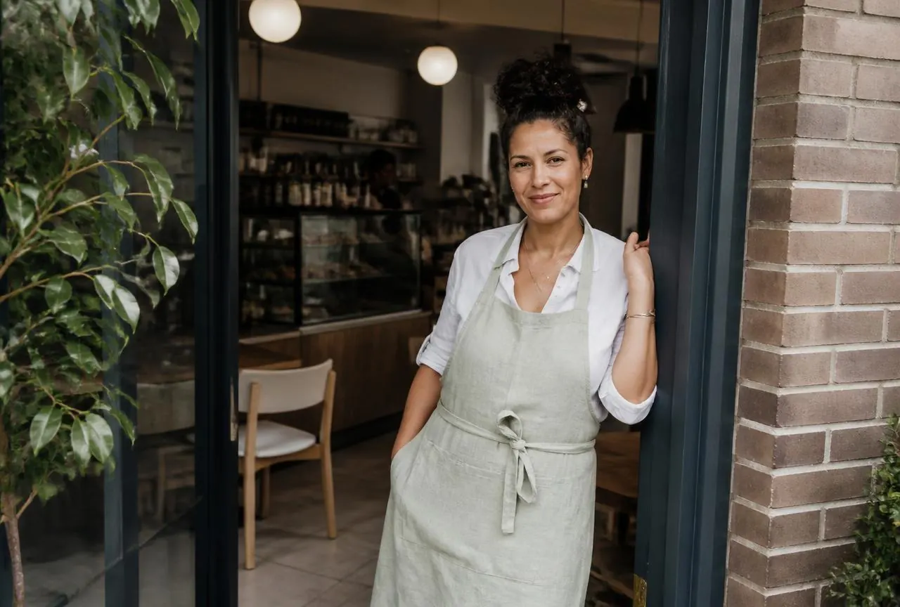 Small business owner standing in the doorway of a neighborhood cafe