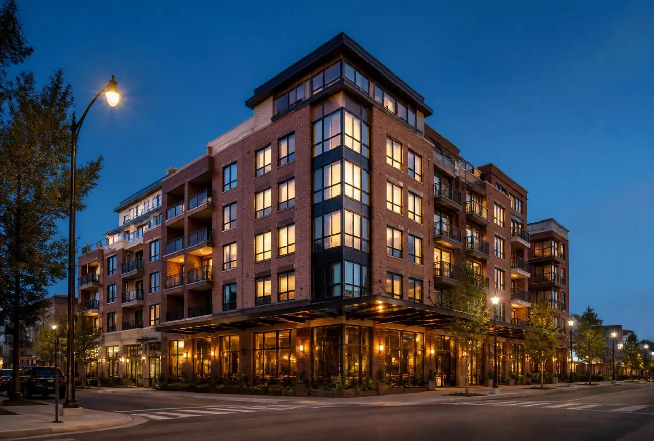 Mixed-use commercial and habitational building lit at dusk