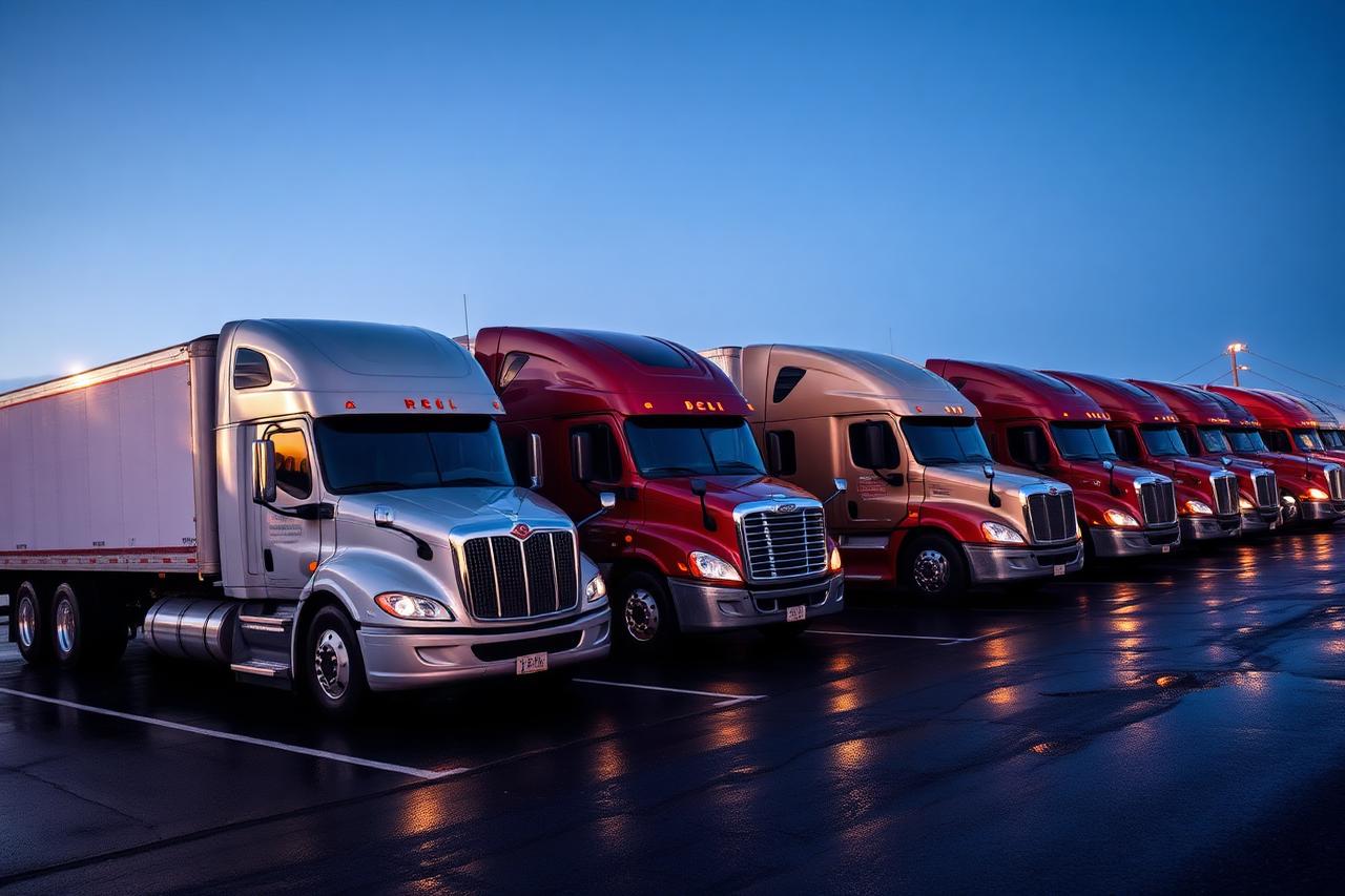Freight trucks staged at a distribution yard at dawn